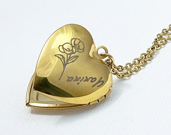 Médaillon photo personnalisé coeur doré pour femme , Gravé personnalisé fleur d'anniversaire , Date , Collier Prénom Made in FRANCE