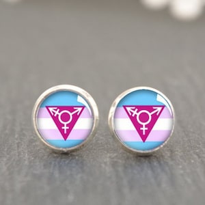 Puede incluir: Un par de pendientes de botón plateados con un diseño de bandera del orgullo transgénero. La bandera presenta un patrón de rayas horizontales rosa, azul y blanco con un triángulo rosa que contiene un símbolo transgénero en el centro.