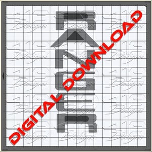 Puede incluir: Un archivo de diseño digital que presenta la palabra RANGER en una fuente sans-serif vertical de color gris oscuro. El texto está centrado sobre un fondo blanco con una cuadrícula negra y la marca de agua 419 Designs en gris claro.