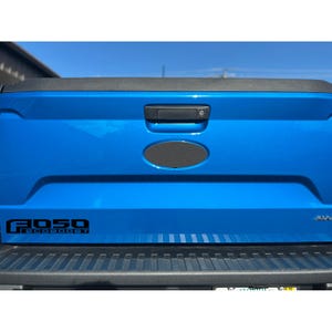 May include: A close-up of a bright blue truck tailgate. The tailgate features a black handle, a black oval emblem, and the text "F050 ECOBOOST" in black. The background is a clear blue sky.