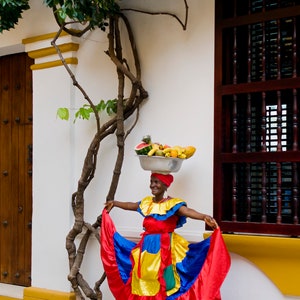 Fruit selling woman in traditional Colombian dress in Cartagena, Colombia photo print, Travel photograph, Color photo, Wall art, Wall decor