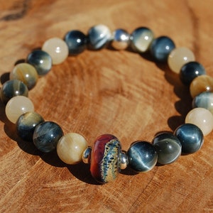 TIGER&#39;S EYE, Yellow JADE & Lampwork Glass Stretch Bracelet - 925 Sterling Silver - Elasticated, Stacking Bead Boho Bracelet - Elixir of Joy