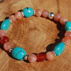 TURQUOISE, SUNSTONE & CARNELIAN Stretch Bracelet - 925 Sterling Silver - Elasticated, Stacking Bead Bracelet - Yoga Gift - Elixir of Joy