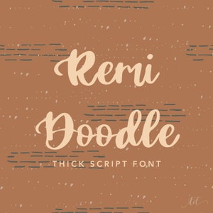 May include: A digital graphic with the words "Remi Doodle" in a thick, cursive font. The text is in a light beige color, set against a brown background with small white speckles and horizontal gray dashed lines. The words "THICK SCRIPT FONT" are below the main text.