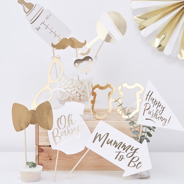 10 Baby Shower Photo Props, Gold & White Oh Baby Photo Booth Props, Neutral Baby Shower, Baby Shower Party Game, Gender Reveal Photo Props