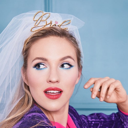 Gold Bride Headband With Veil Hen Party Veil Bachelorette Etsy UK