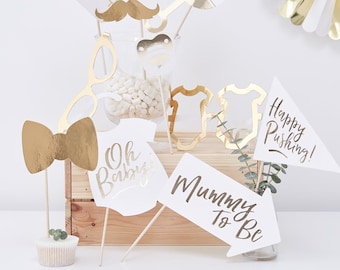 10 Baby Shower Photo Props, Gold & White Oh Baby Photo Booth Props, Neutral Baby Shower, Baby Shower Party Game, Gender Reveal Photo Props