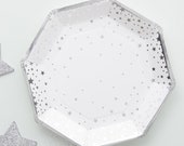 8 Silver Star Paper Plates, Silver Party Plates, Birthday Plates, Neutral Baby Shower Plates, Silver Wedding Plates, Silver Party Supplies