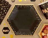 Black Gold Star Medium Paper Plates - Pack of 8 - Birthday Wedding Disposable Party Tableware - Hen Do Party Supplies - Party Plates