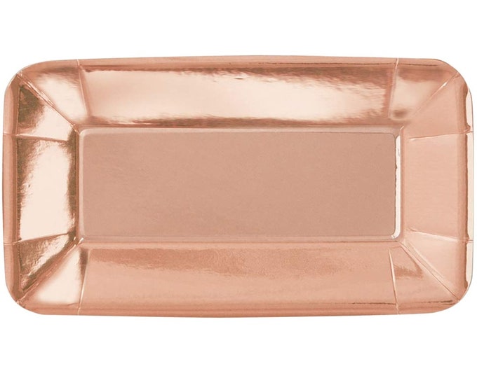 8 Rectangle Rose Gold Paper Plates, Rose Gold Party Plates, Disposable