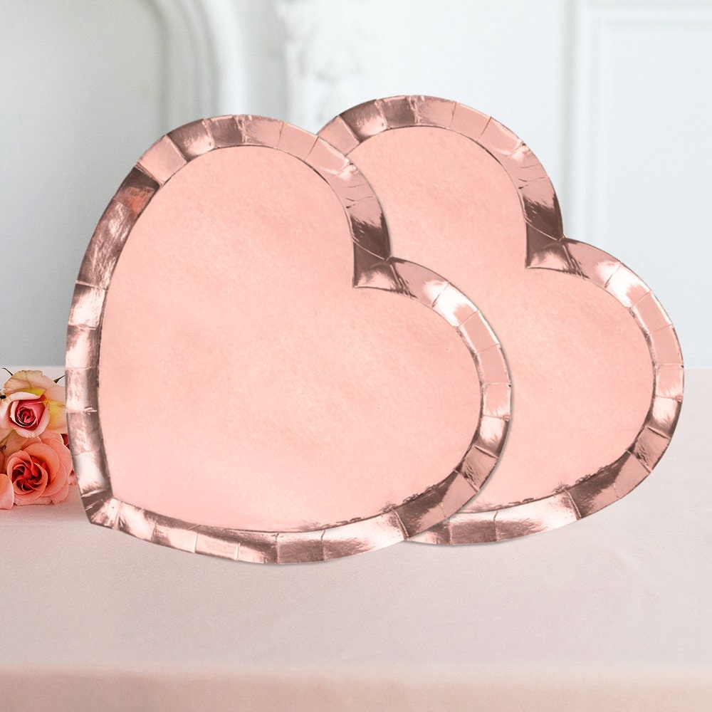White with Hammered Rose Gold Rim 25 Pack 8 Inch BloominGoods Heart Shaped Premium Plastic Dessert Plates 