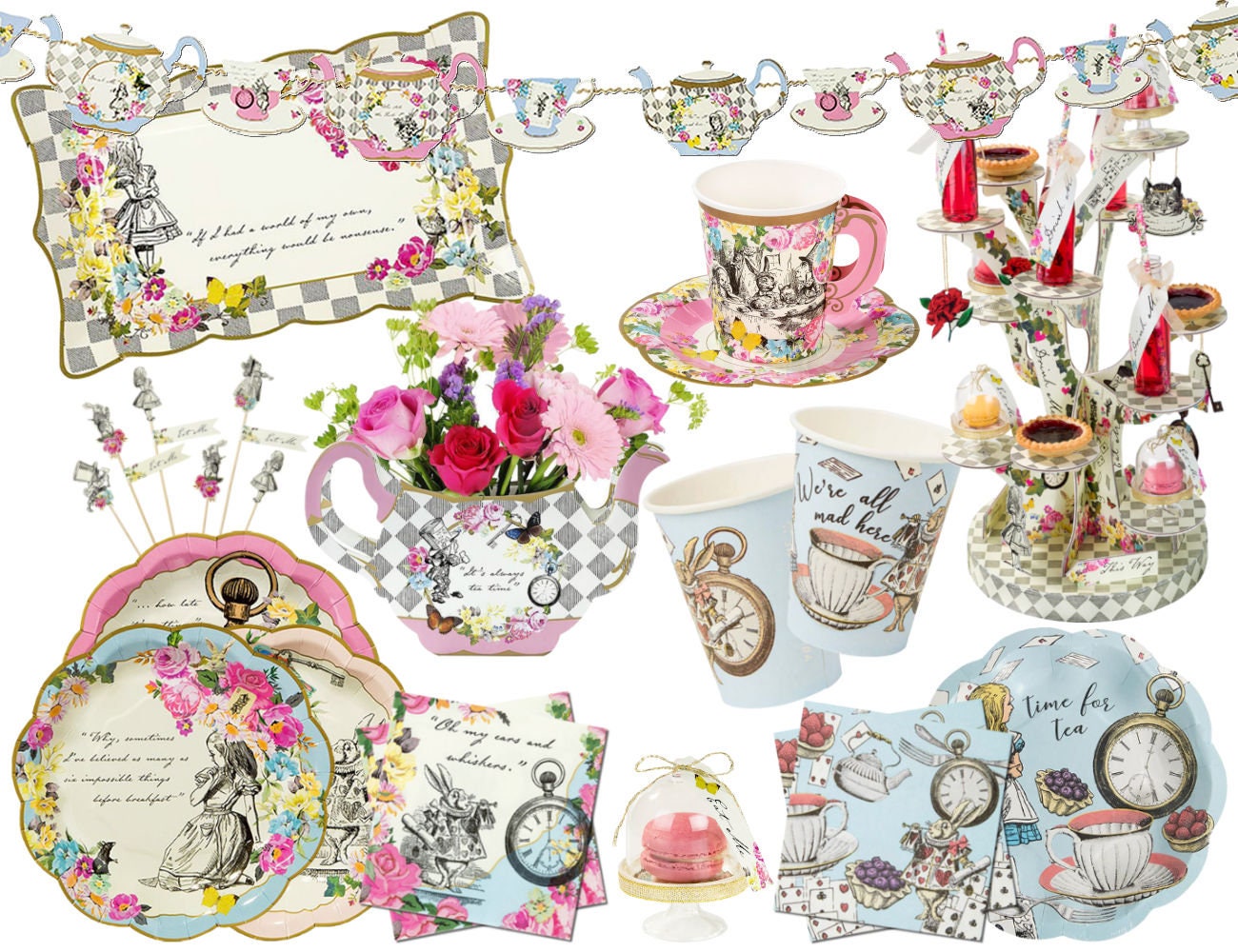 Floral Vintage Tea Cup Pot Alice In Wonderland Afternoon Tea Party Bunting 