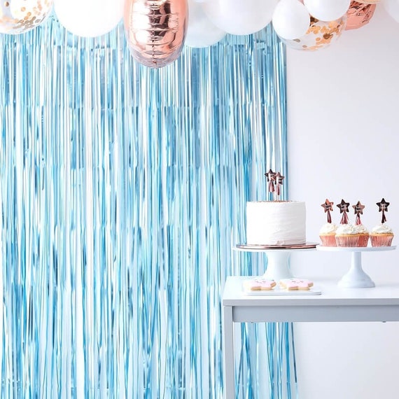 Decoración de cortina con flecos de lámina azul mate, decoración de baby  shower para niños, decoraciones de fiesta de cumpleaños, fiesta de  cumpleaños