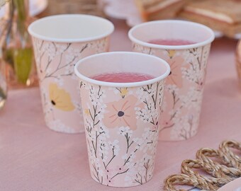 8 gobelets en papier à fleurs roses, décoration florale de fête, tasses pour le thé de l'après-midi, tasses d'anniversaire, tasses florales pour baby shower, tasses EVJF, tasses de mariage