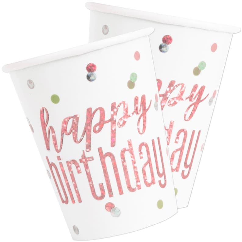 Birthday Cups Rose Gold Paper Cups Birthday Tableware Disposable Cups Rose Gold Party Cups 8 Happy Birthday Party Cups Party Supplies
