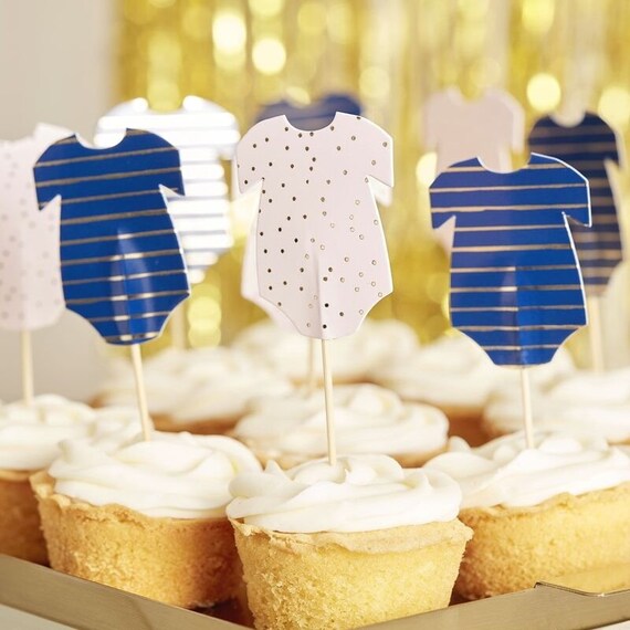 12 x Blue Babygrow Cupcake Topper Its a Boy/Girl Gender reveal Baby shower cake decorations 
