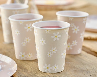 8 vasos de papel florales Daisy, vasos de fiesta de cumpleaños florales, vasos florales para baby shower, suministros para fiestas florales, vasos de fiesta Daisy, vasos de cumpleaños Daisy