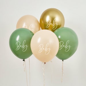 5 Sage & Gold Baby Shower Balloons, Neutral Baby Shower Decorations, Gender Reveal Balloons, Unisex Baby Shower Party Decor, New Baby Party