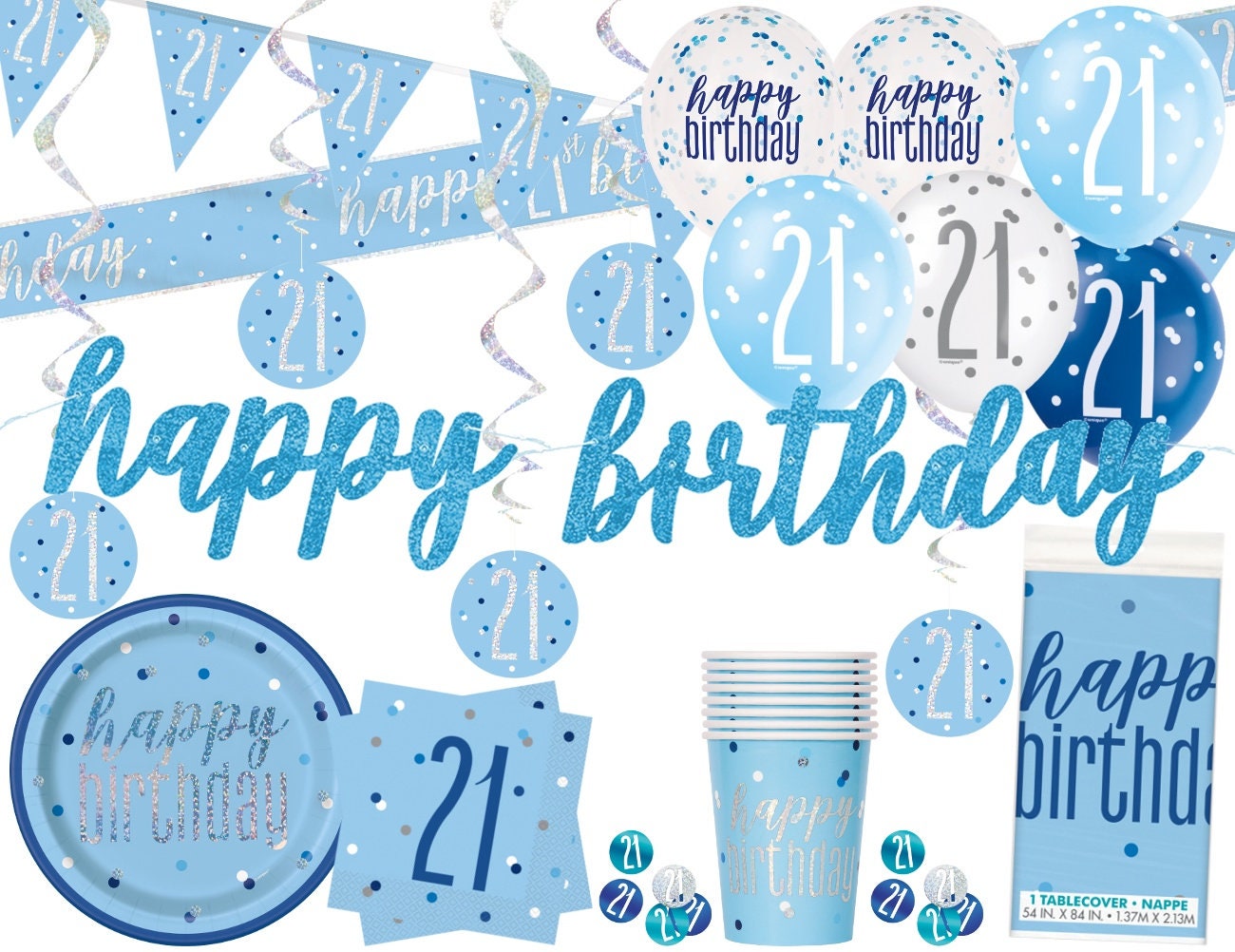 Blue 21st Birthday Decorations for Men Women, Navy Blue Silver Happy 21st Birthday Yard Banner, Blue 21st Birthday Balloons for 21st Birthday