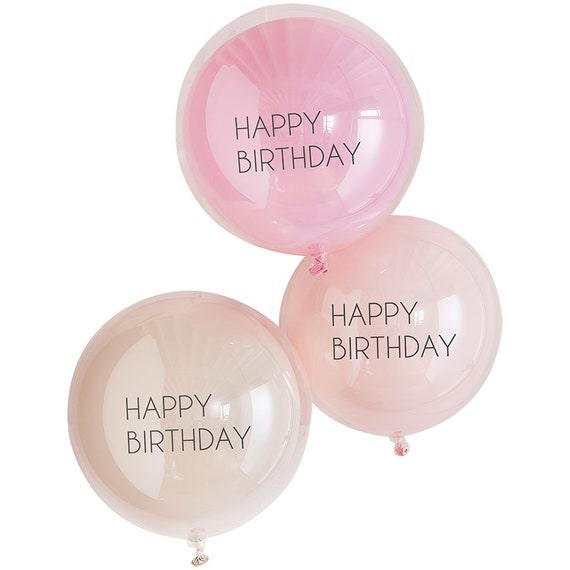 Ginger Ray Pink Happy Birthday Latex and Orb Double Stuffed Party Balloon Decorations Pack of 3