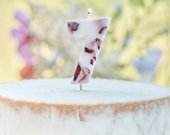 Bougie de pétales pressés numéro 7, bougie de fleur séchée, topper de gâteau  de fleurs séchées, bougie de gâteau danniversaire, topper de gâteau du 7e  anniversaire, bougie dâge -  France