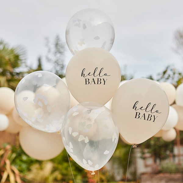 5 Taupe Hello Baby Shower Balloons, Neutral Baby Shower Decorations, Gender Reveal Balloons, Unisex Baby Shower Party Decor, New Baby Party