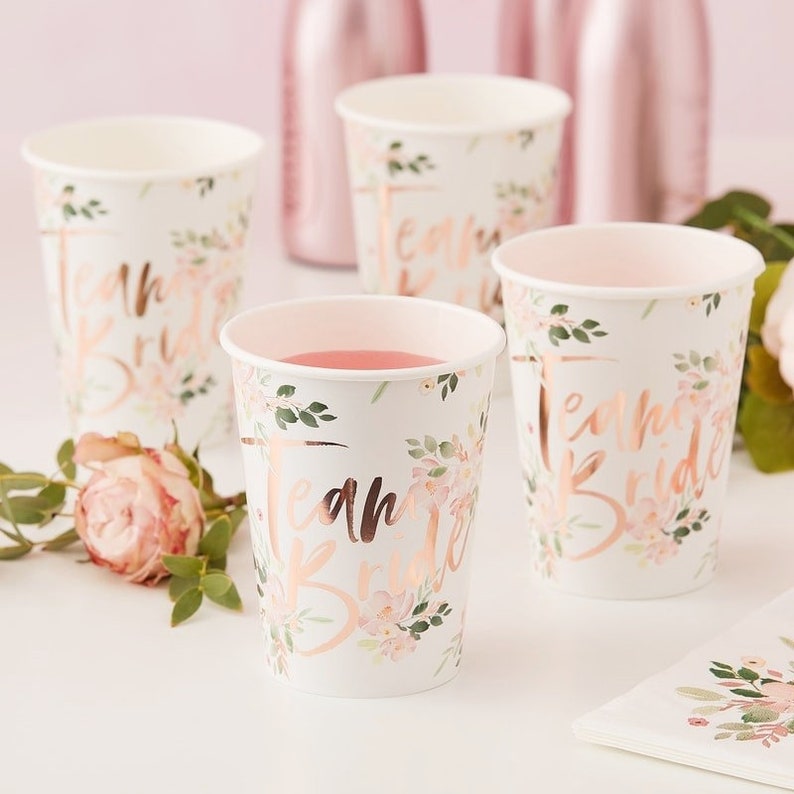 8 x Pink Rose Gold Team Bride Paper Cups Hen Party Disposable Tableware Supplies