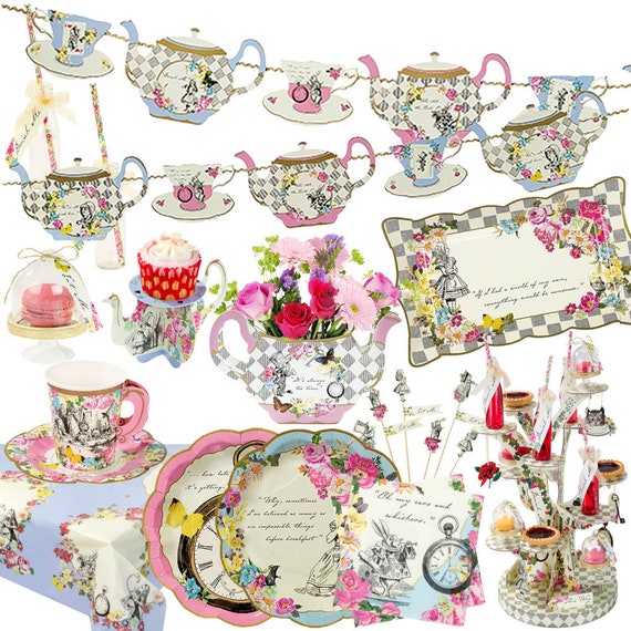 Alice in Wonderland Party Decorations and Tableware for 16 Guests | Mad Hatter Bunting, Plates, Napkins, Cups, Table Cover for Birthday, Baby Shower