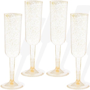 4 Gold Glitter Plastic Champagne Flutes, Champagne Glasses, Gold Flutes, Wedding, Hen Party, Engagement, Gold Anniversary, Toasting Flutes