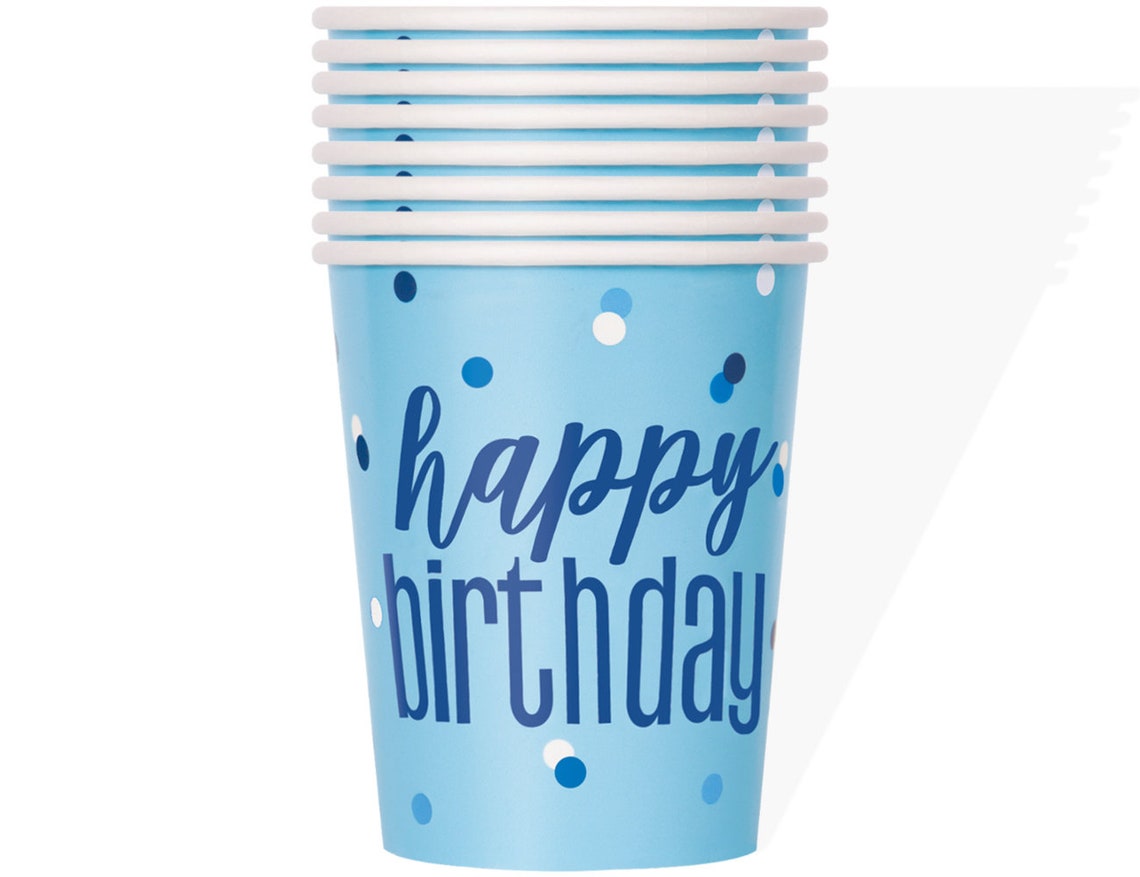 8 Blue Happy Birthday Party Cups Blue Paper Cups Birthday Etsy
