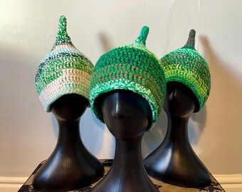 Green coloured crocheted pixie hat, gnome hat, elf hat, fairy hat, pixie cap, pointed hat, green hat, unisex, one size fits all
