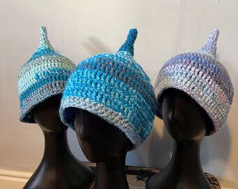 Blue coloured crocheted pixie hat, gnome hat, elf hat, fairy hat, pixie cap, pointed hat, blue hat, unisex, one size fits all