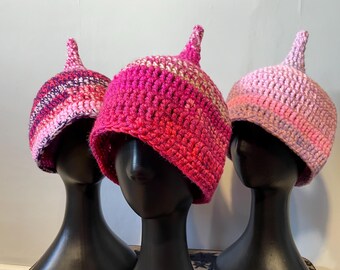 Pink coloured crocheted pixie hat, gnome hat, elf hat, fairy hat, pixie cap, pointed hat, pink hat, unisex, one size fits all