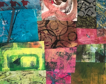 May include: A collage of rectangular paper pieces featuring various abstract patterns, textures, and colors including blue, green, pink, brown, and yellow. Some sections display hand-painted brushstrokes, stamped circles, and handwritten text.