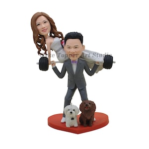 Custom Wedding Cake Topper: Weightlifting Bobblehead with Pets
