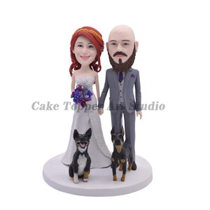 Custom Wedding Cake Topper: Bride & Groom with Pets