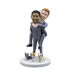 Personalisierter Gay Hochzeitstorte Topper: Zwei Bräutigame, Wackelkopf mit Haustieren
