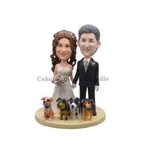 Custom Wedding Cake Topper: Bride, Groom & Pets Bobblehead