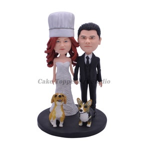Custom Bobblehead Wedding Cake Topper: Bride, Groom & Pets