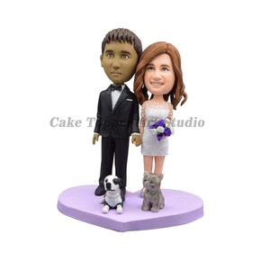 Custom Wedding Cake Topper: Bride, Groom & Pets Bobblehead