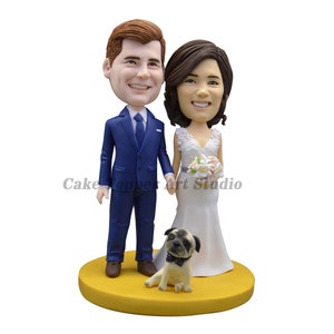 Custom Bobblehead Wedding Cake Topper: Bride, Groom & Pet