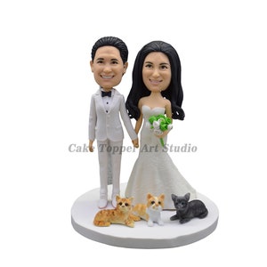 Personalized Wedding Cake Topper: Bride and Groom Bobblehead with Pets
