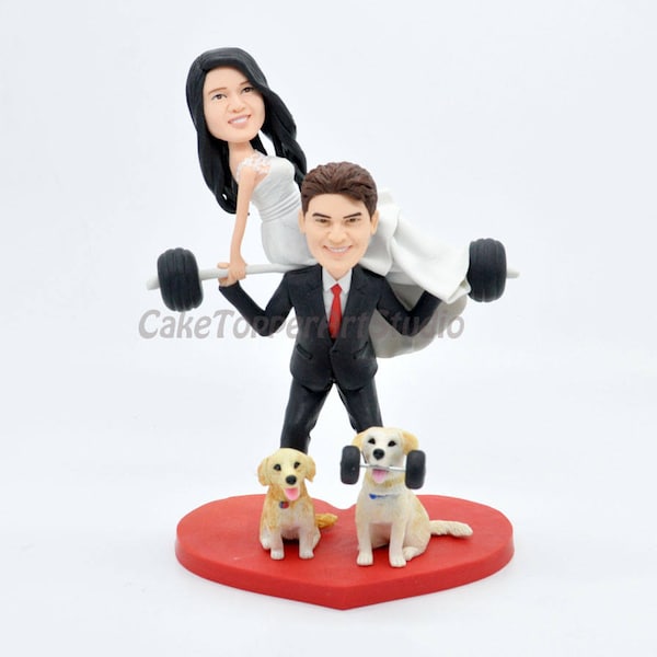 Weightlifting Groom with  Spotter Bride, Interestingly cake topper, Unique wedding, pet weightlifting, Family dolls, wedding cake topper