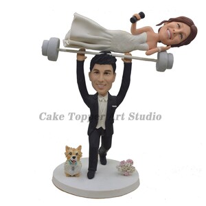 Weight Lifting Wedding Cake Topper: Personalized Bobblehead with Pets