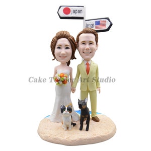 Custom Bobblehead Wedding Cake Topper: Bride, Groom & Pets