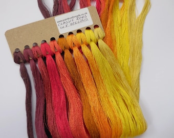 Hilo de bordar de seda teñido a mano - Paquete de 10 colores - Rojos/Amarillos Clásicos - Grosor fino