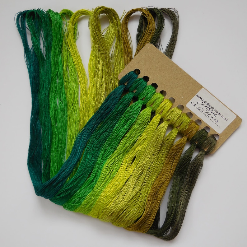 10 colour pack Classic Green Pack Hand Dyed Silk Embroidery Threads