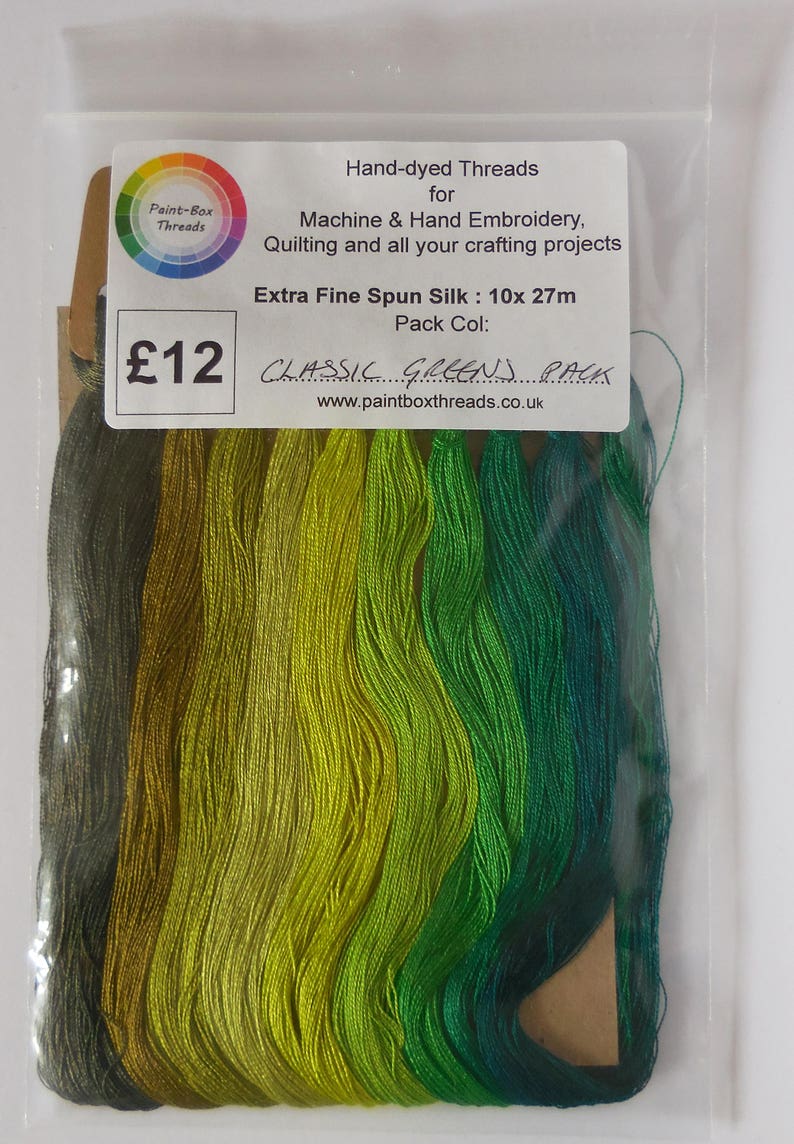 10 colour pack Classic Green Pack Hand Dyed Silk Embroidery Threads