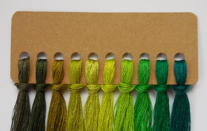 10 colour pack Classic Green Pack Hand Dyed Silk Embroidery Threads