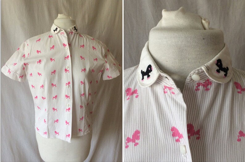 Vintage 1950s Blouse 50s Poodle Dogs Novelty Print Cotton White Pink Button Up Short Sleeve Peter Pan Collar Top Pinup Retro VLV